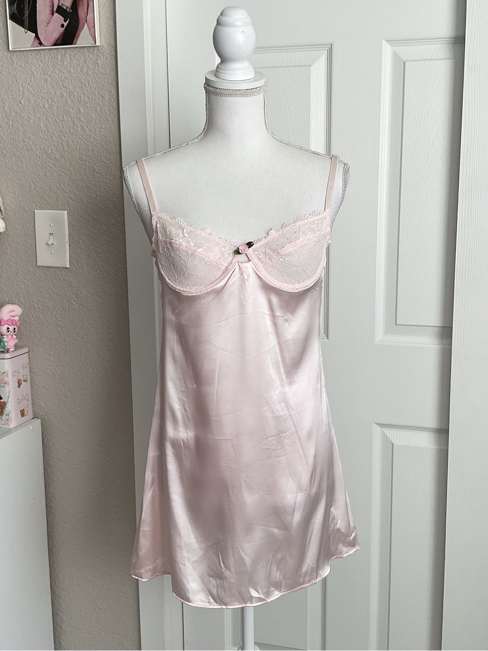 Delicate Pink Satin Lace Chemise with Rosette
